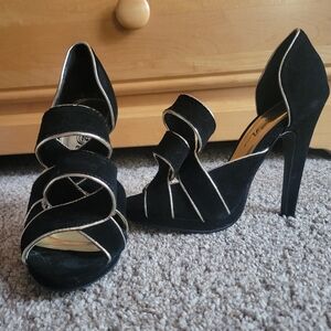Black Faux Suede High Heel Pumps with Gold Trim